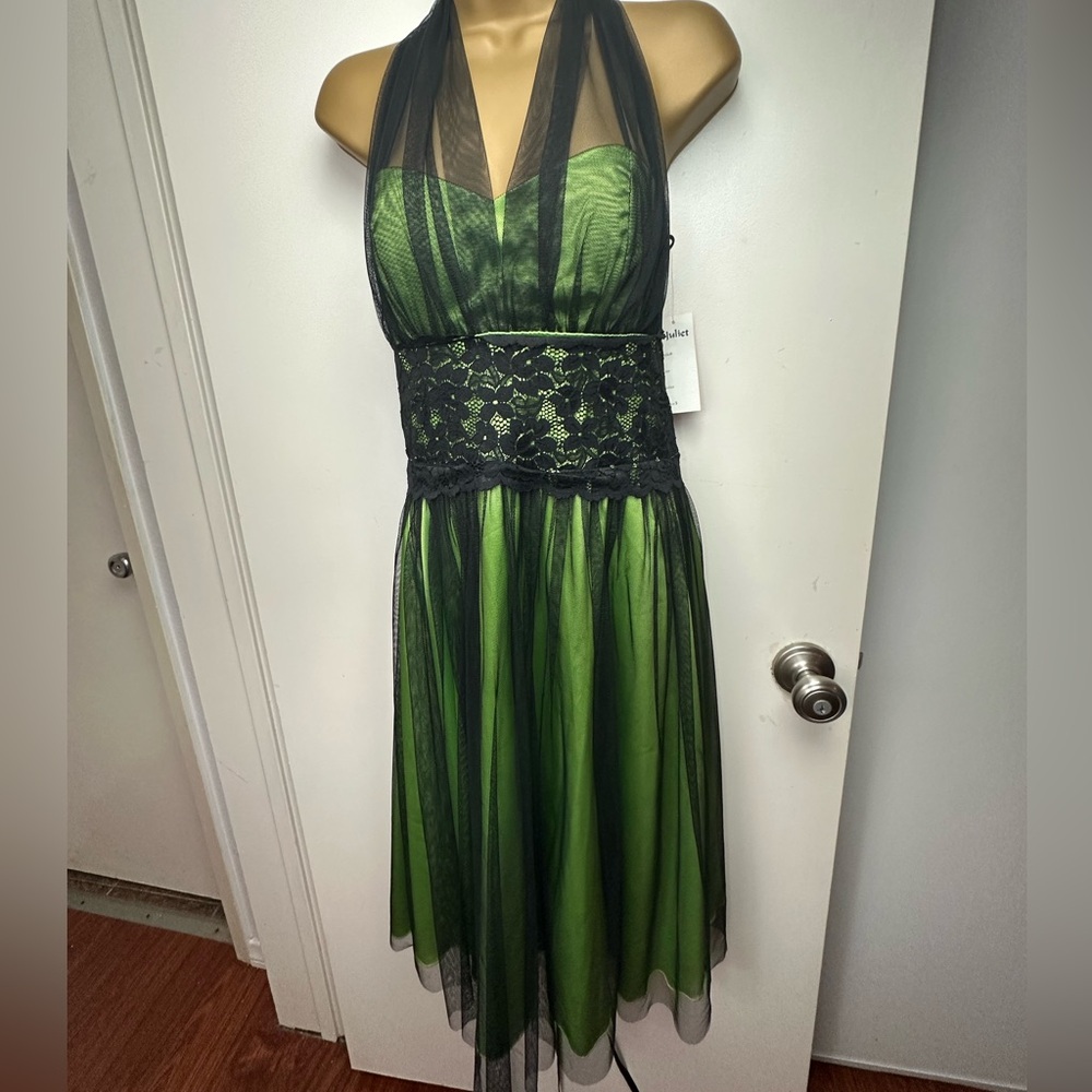 Juliet Black Mesh Overlay Lime Green Vintage Y2K Floral Whimsigoth Dress NWT M - Picture 2 of 16
